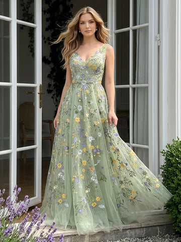 Sage Floral Embroidered Long Prom Dresses Tulle V Neck Sleevess