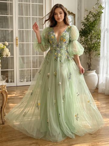 Sage Floral Embroidered Long Prom Dresses Tulle V Neck Long Puffy Sleeves