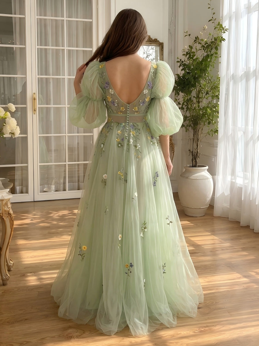 Sage Floral Embroidered Long Prom Dresses Tulle V Neck Long Puffy Sleeves