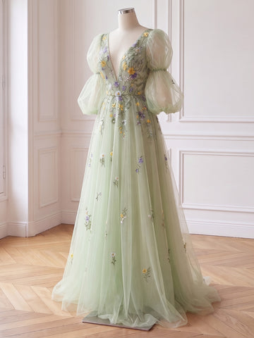 Sage Floral Embroidered Long Prom Dresses Tulle V Neck Long Puffy Sleeves