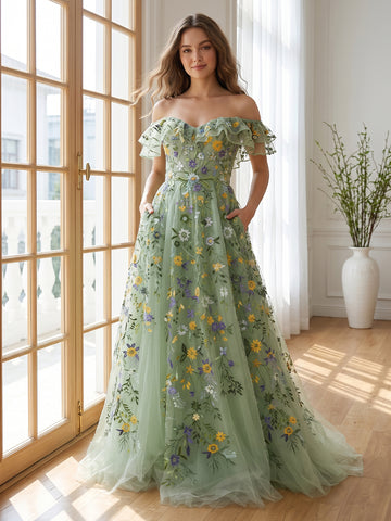 Sage Long Prom Dresses Tulle Off Shoulder Ruffles Floral Embroidered