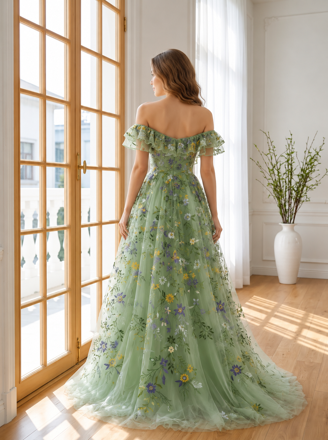 Sage Long Prom Dresses Tulle Off Shoulder Ruffles Floral Embroidered