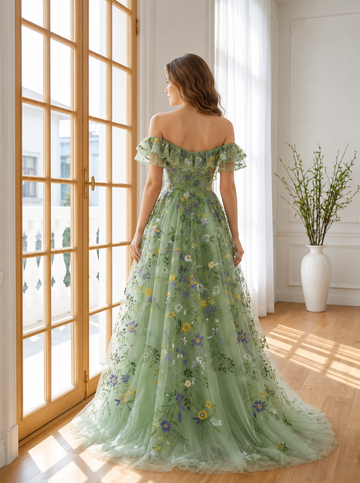 Sage Long Prom Dresses Tulle Off Shoulder Ruffles Floral Embroidered