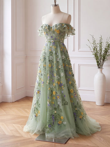 Sage Long Prom Dresses Tulle Off Shoulder Ruffles Floral Embroidered
