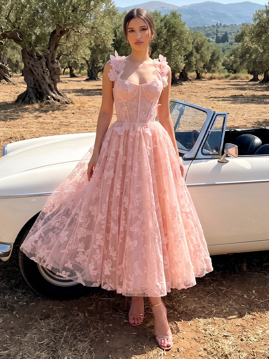 Corset Midi Prom Dresses Pink 3D Butterfly Spaghetti Strap A-Line Tulle