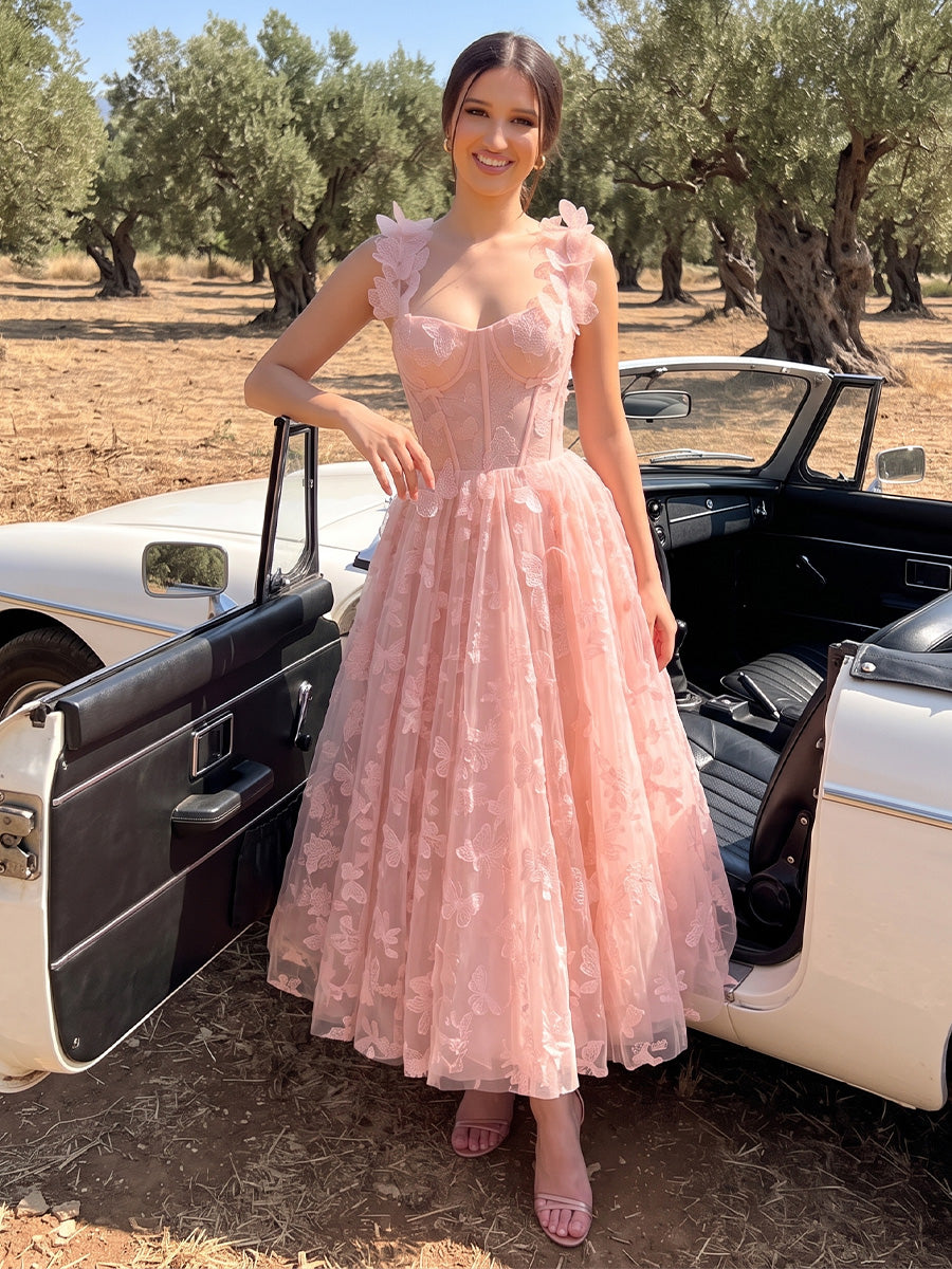 Corset Midi Prom Dresses Pink 3D Butterfly Spaghetti Strap A-Line Tulle