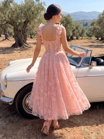 Corset Midi Prom Dresses Pink 3D Butterfly Spaghetti Strap A-Line Tulle