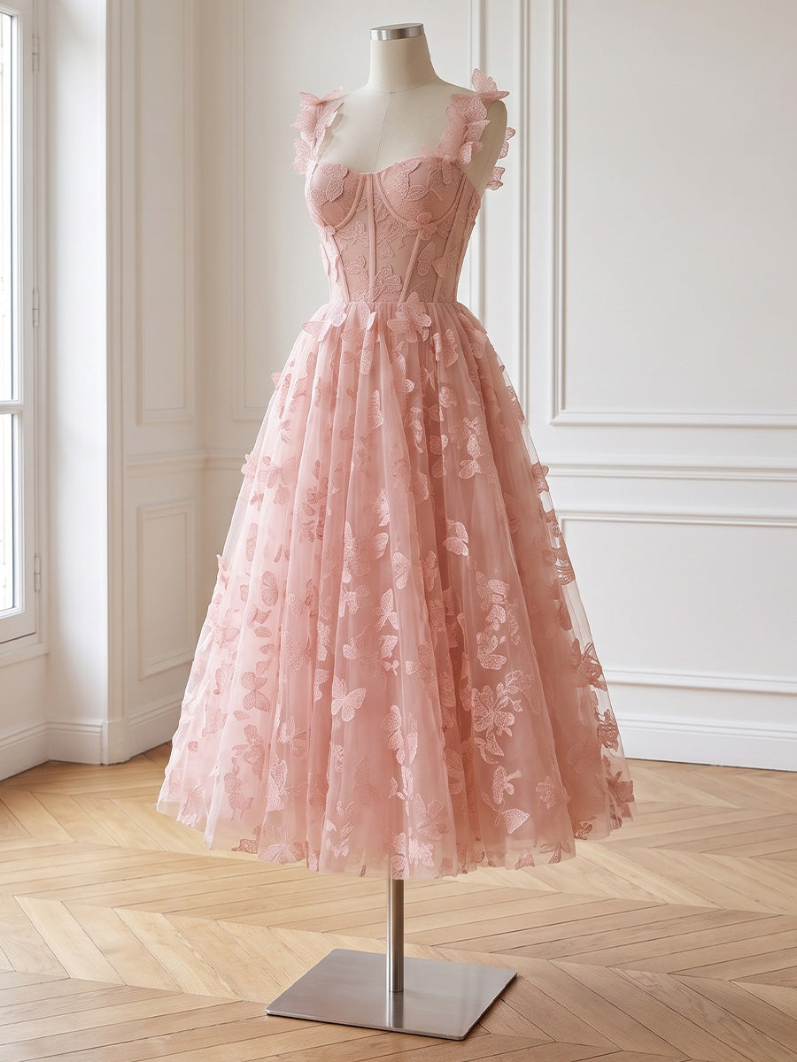 Corset Midi Prom Dresses Pink 3D Butterfly Spaghetti Strap A-Line Tulle