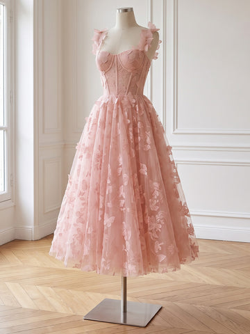 Corset Midi Prom Dresses Pink 3D Butterfly Spaghetti Strap A-Line Tulle
