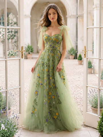 Sage Long Prom Dresses Tulle Bow Straplesss Floral Embroidered