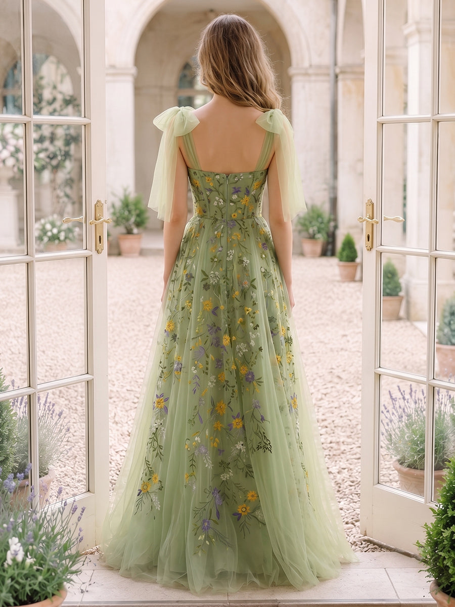 Sage Long Prom Dresses Tulle Bow Straplesss Floral Embroidered