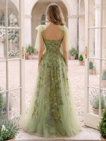Sage Long Prom Dresses Tulle Bow Straplesss Floral Embroidered