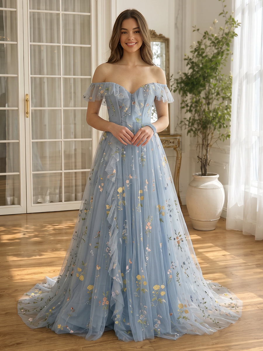 Floral Embroidered Tulle Prom Dresses Corset Off Shoulder with Ruffles Dusty Sage