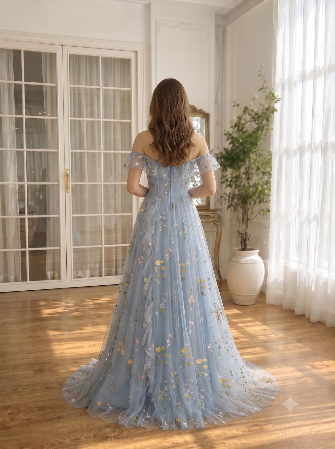 Floral Embroidered Tulle Prom Dresses Corset Off Shoulder with Ruffles Dusty Sage