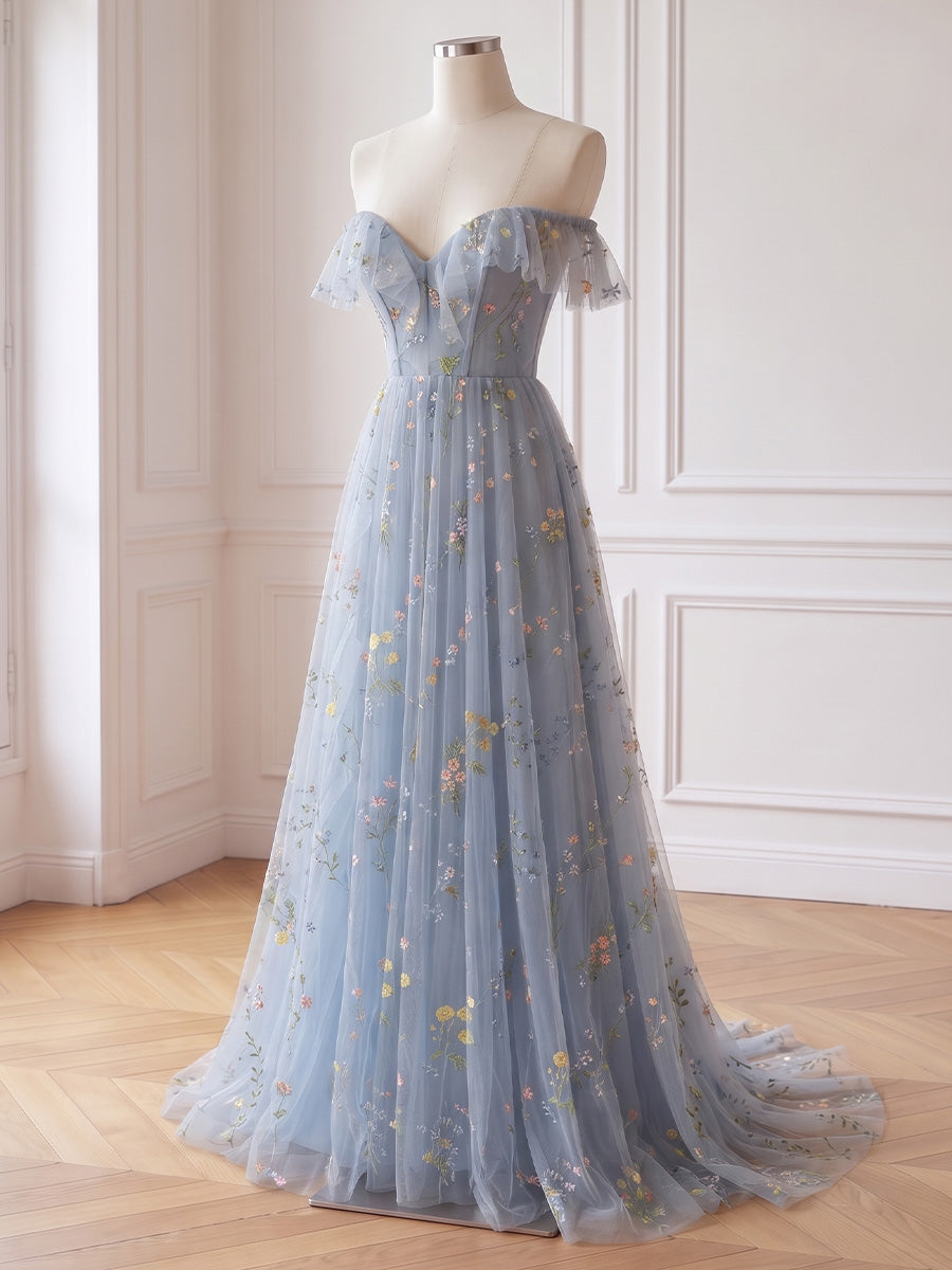 Floral Embroidered Tulle Prom Dresses Corset Off Shoulder with Ruffles Dusty Sage