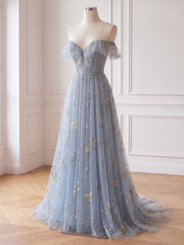 Floral Embroidered Tulle Prom Dresses Corset Off Shoulder with Ruffles Dusty Sage