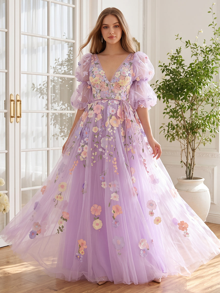 3D Floral Applique Long Prom Dresses Lavender Tulle V Neck Puff Sleeve A Line