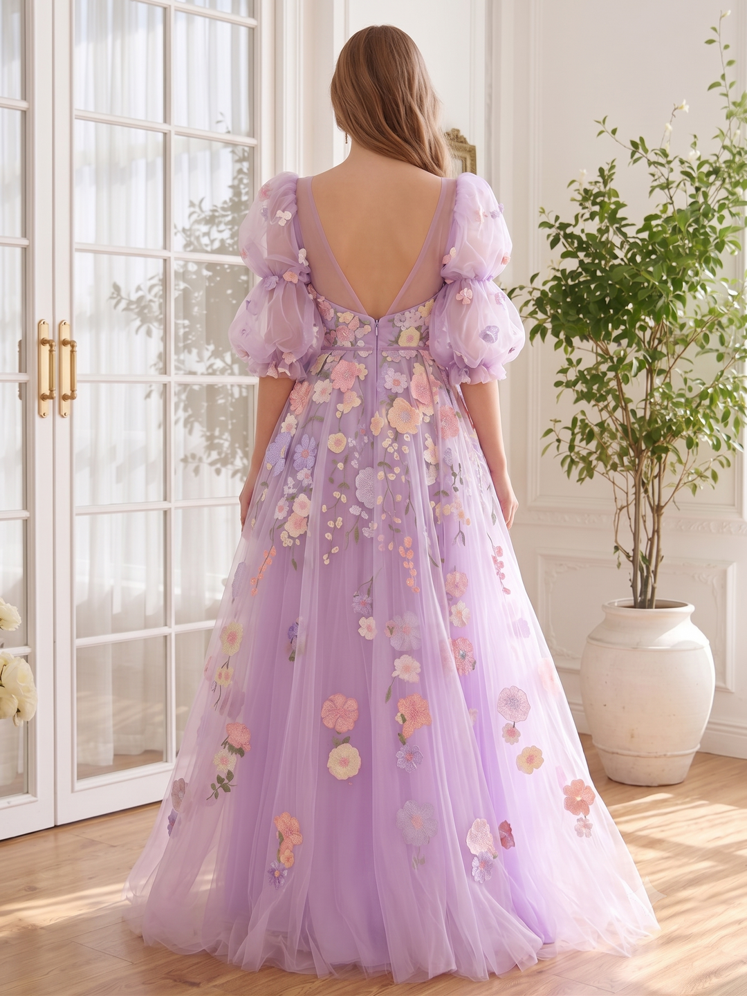 3D Floral Applique Long Prom Dresses Lavender Tulle V Neck Puff Sleeve A Line