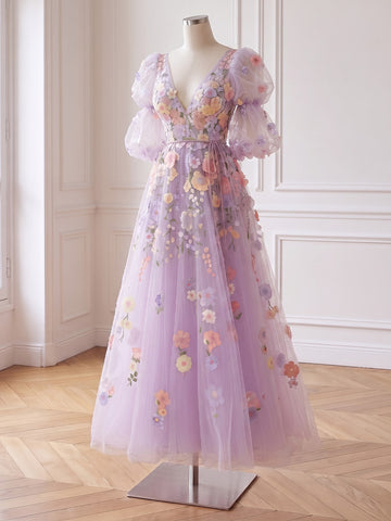3D Floral Applique Long Prom Dresses Lavender Tulle V Neck Puff Sleeve A Line