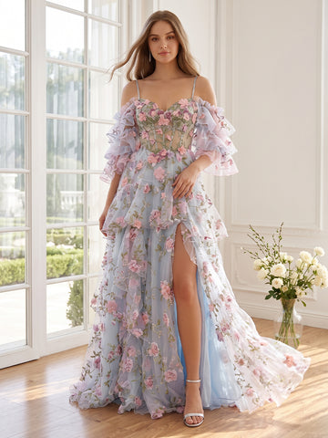 3D Floral Tulle Long Prom Dresses Cold Shoulder Ruffle Sleeve Corset High Slit Light Blue