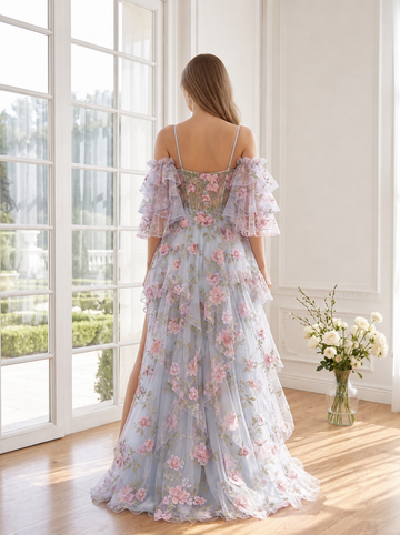 3D Floral Tulle Long Prom Dresses Cold Shoulder Ruffle Sleeve Corset High Slit Light Blue