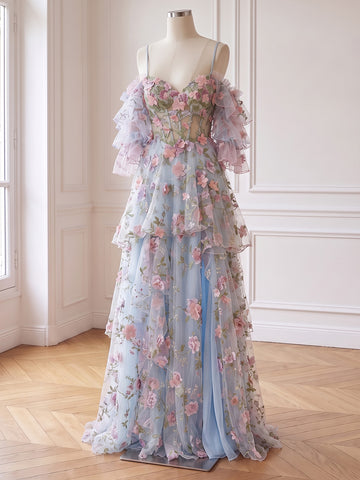3D Floral Tulle Long Prom Dresses Cold Shoulder Ruffle Sleeve Corset High Slit Light Blue