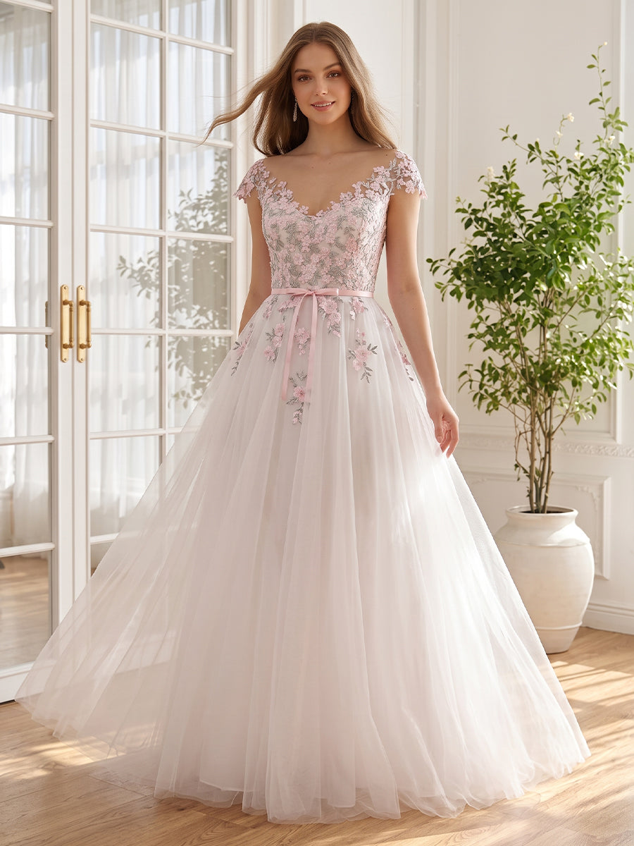 Floral Lace Tulle Long Prom Dress Cap Sleeve V Neck A Line