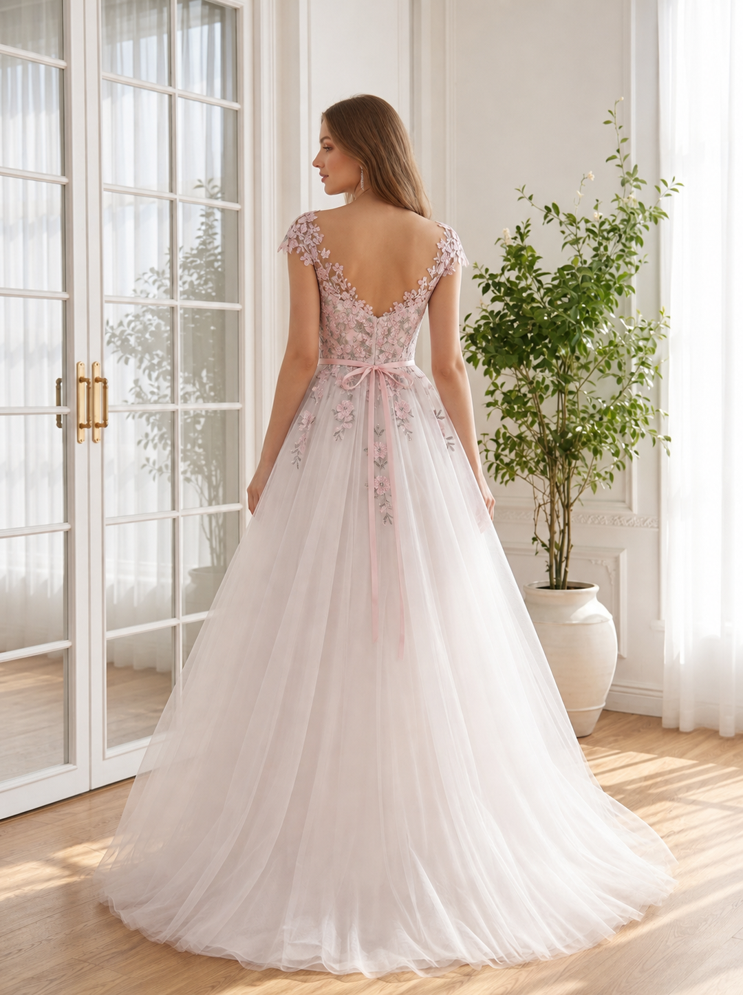 Floral Lace Tulle Long Prom Dress Cap Sleeve V Neck A Line