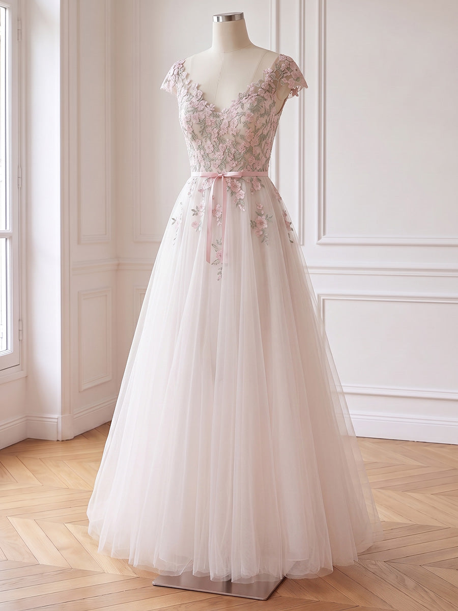 Floral Lace Tulle Long Prom Dress Cap Sleeve V Neck A Line
