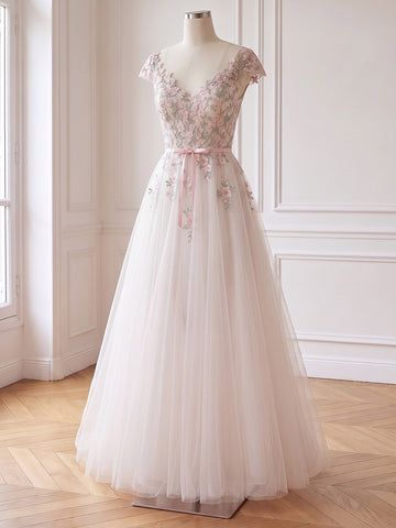 Floral Lace Tulle Long Prom Dress Cap Sleeve V Neck A Line
