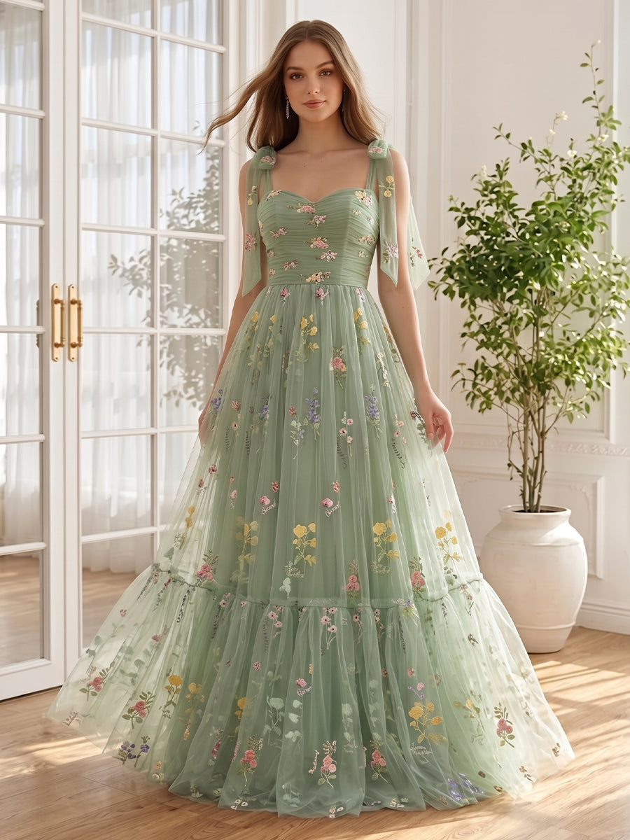 Sage Floral Embroidered Long Prom Dresses Tulle Tiered Bow Straps