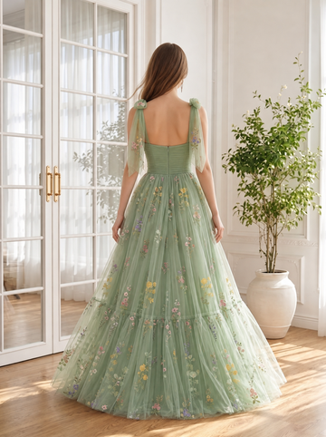 Sage Floral Embroidered Long Prom Dresses Tulle Tiered Bow Straps