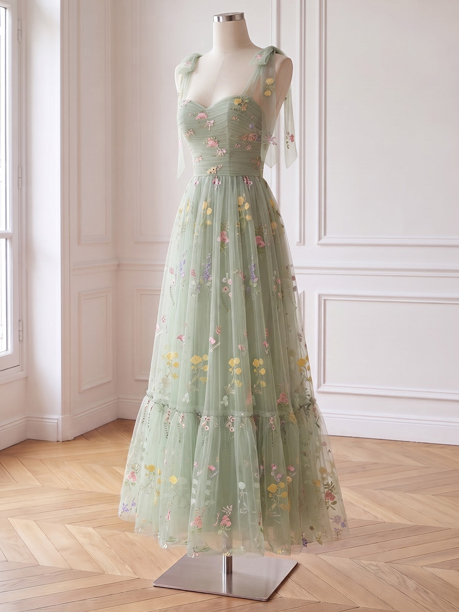 Sage Floral Embroidered Long Prom Dresses Tulle Tiered Bow Straps