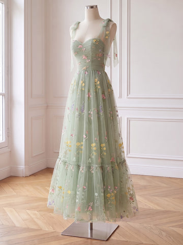 Sage Floral Embroidered Long Prom Dresses Tulle Tiered Bow Straps