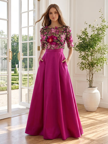 Fuchsia 3D Floral Satin Long Prom Dresses Half Sleeve Boat Neck A Line With Pockets