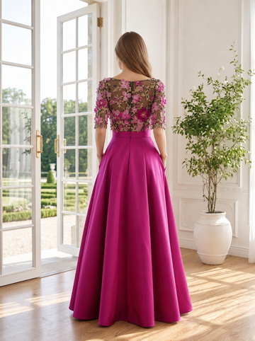 Fuchsia 3D Floral Satin Long Prom Dresses Half Sleeve Boat Neck A Line With Pockets