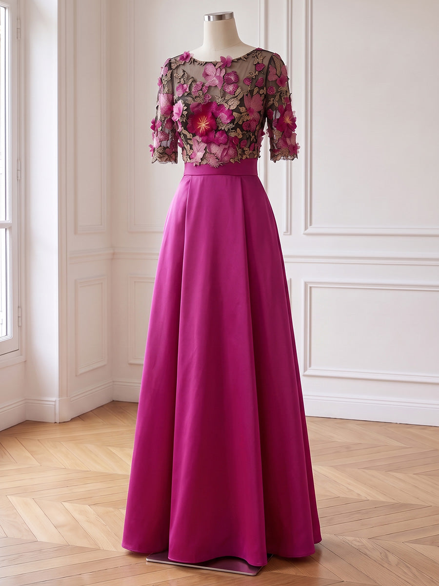 Fuchsia 3D Floral Satin Long Prom Dresses Half Sleeve Boat Neck A Line With Pockets