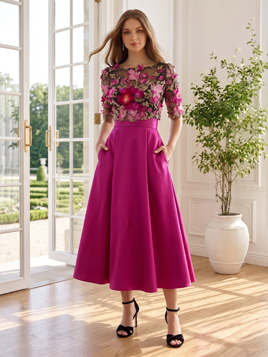 Fuchsia 3D Floral Satin Midi Prom Dresses Boat Neck A Line With Pockets