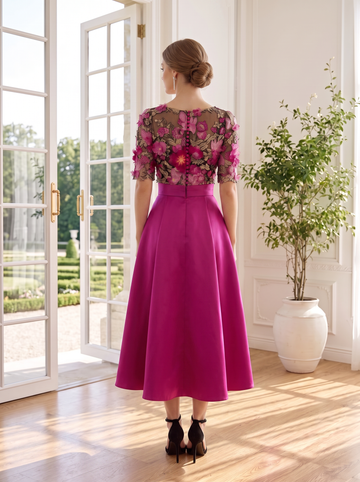 Fuchsia 3D Floral Satin Midi Prom Dresses Boat Neck A Line With Pockets