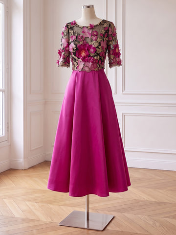 Fuchsia 3D Floral Satin Midi Prom Dresses Boat Neck A Line With Pockets