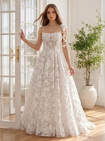 White 3D Floral Lace Tulle Prom Dresses Spaghetti Straps A Line Long