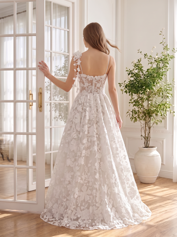 White 3D Floral Lace Tulle Prom Dresses Spaghetti Straps A Line Long