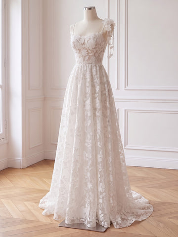 White 3D Floral Lace Tulle Prom Dresses Spaghetti Straps A Line Long