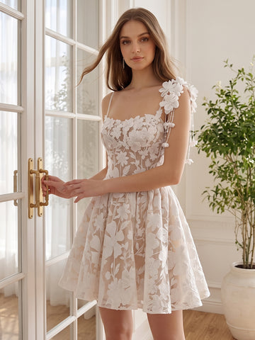 White 3D Floral Lace Tulle Prom Dresses Spaghetti Straps A Line Mini