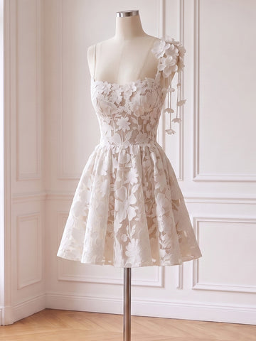 White 3D Floral Lace Tulle Prom Dresses Spaghetti Straps A Line Mini