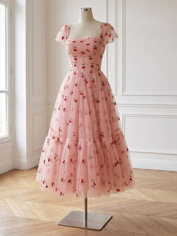 A Line Tulle Prom Dresses Pink Short Sleeve Square Neck Cherry Embroidered