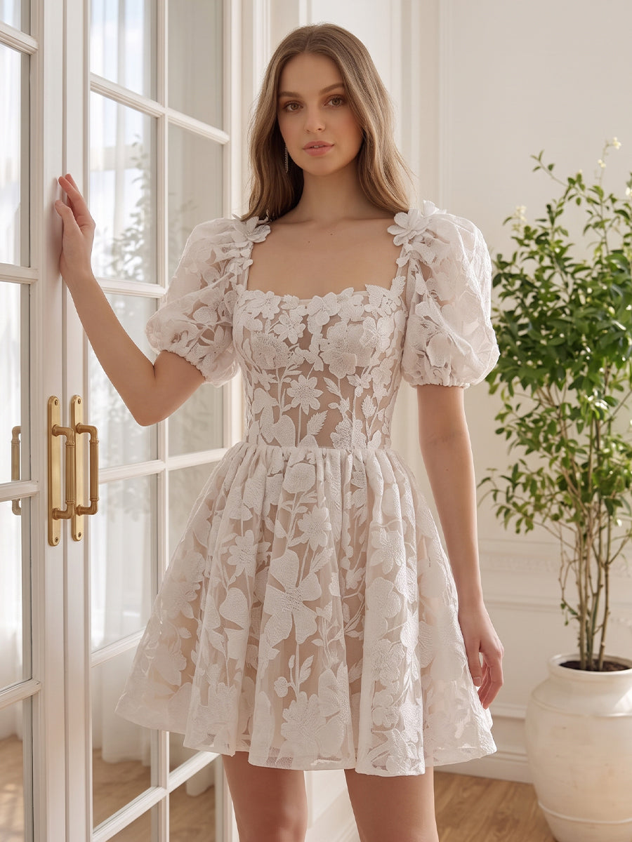 White 3D Floral Lace Tulle Prom Dresses Square Neck A Line Mini