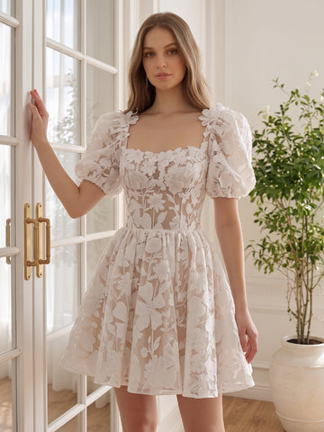 White 3D Floral Lace Tulle Prom Dresses Square Neck A Line Mini