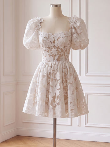 White 3D Floral Lace Tulle Prom Dresses Square Neck A Line Mini