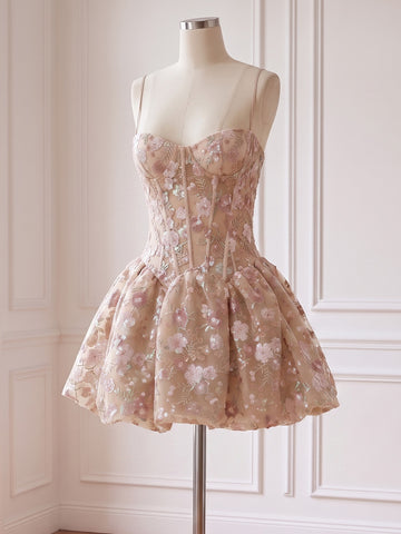 Nude 3D Floral Sequin Mini Prom Dresses Spaghetti Strap Sweetheart A Line